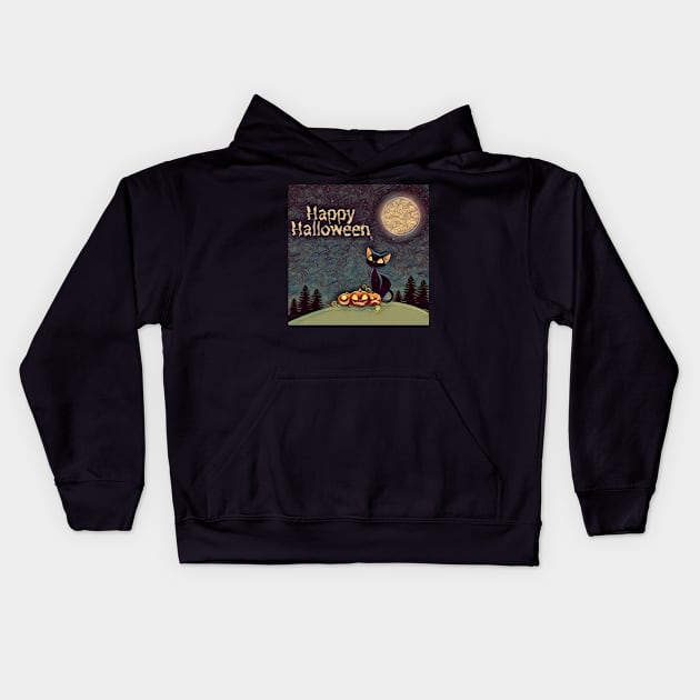 Happy Halloween Black Cat Design Kids Hoodie by Del Vecchio Designed 